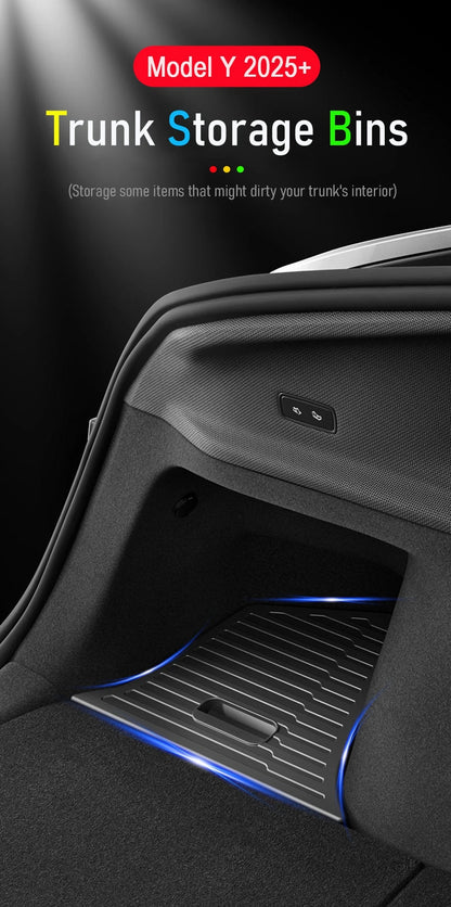 For Tesla Model Y Juniper 2025 Rear Trunk Side Storage Box Cargo Organizer TPE Bin Box Flocking Mat Partition Board Accessories