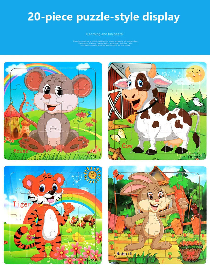 20piece Wooden Puzzle Cartoon Animals Car Letter Number Pattern Jigsaw Puzzles Game Kids Educational Learning Toys for Children
