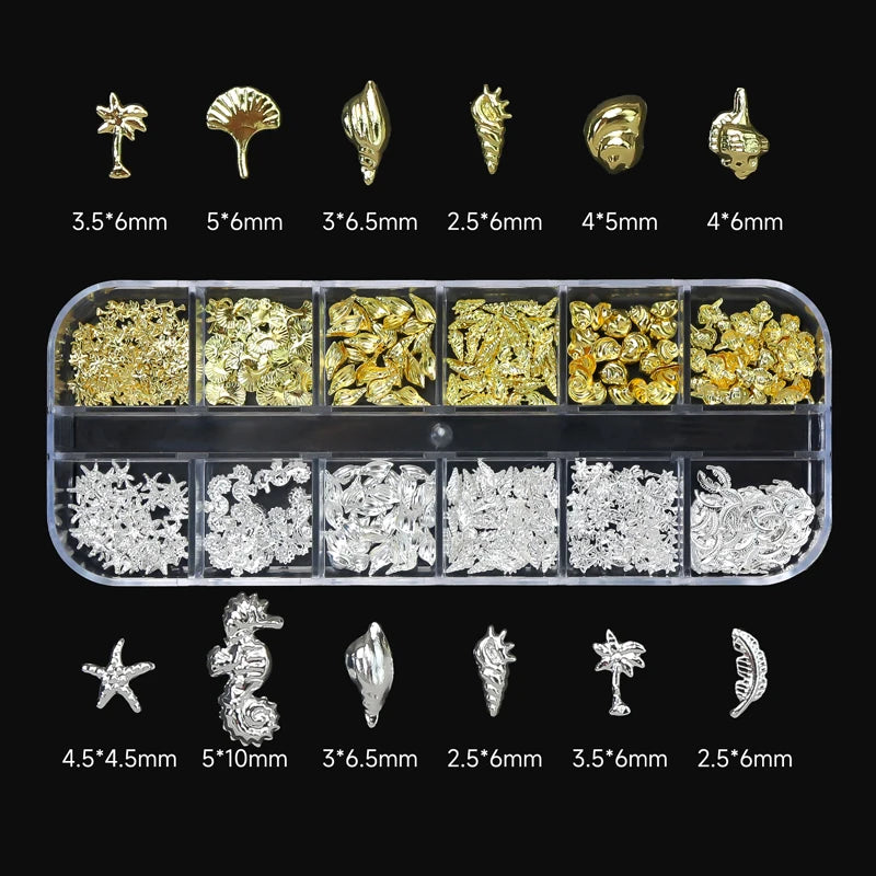 12Grid 3D Gold Ocean Rivet Nail Charms Mixed Seahorsea/Starfish /Conch Pearl/Mini Caviar Beads/Rhinestone Nail Jewery Decoration