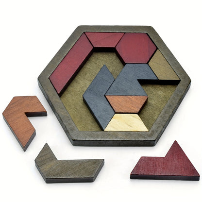 Hexagon Tangram Puzzle, Wooden Puzzle Toys for Children and Adults, Challenging Puzzles Wooden Brain Teasers Puzzle for Adults