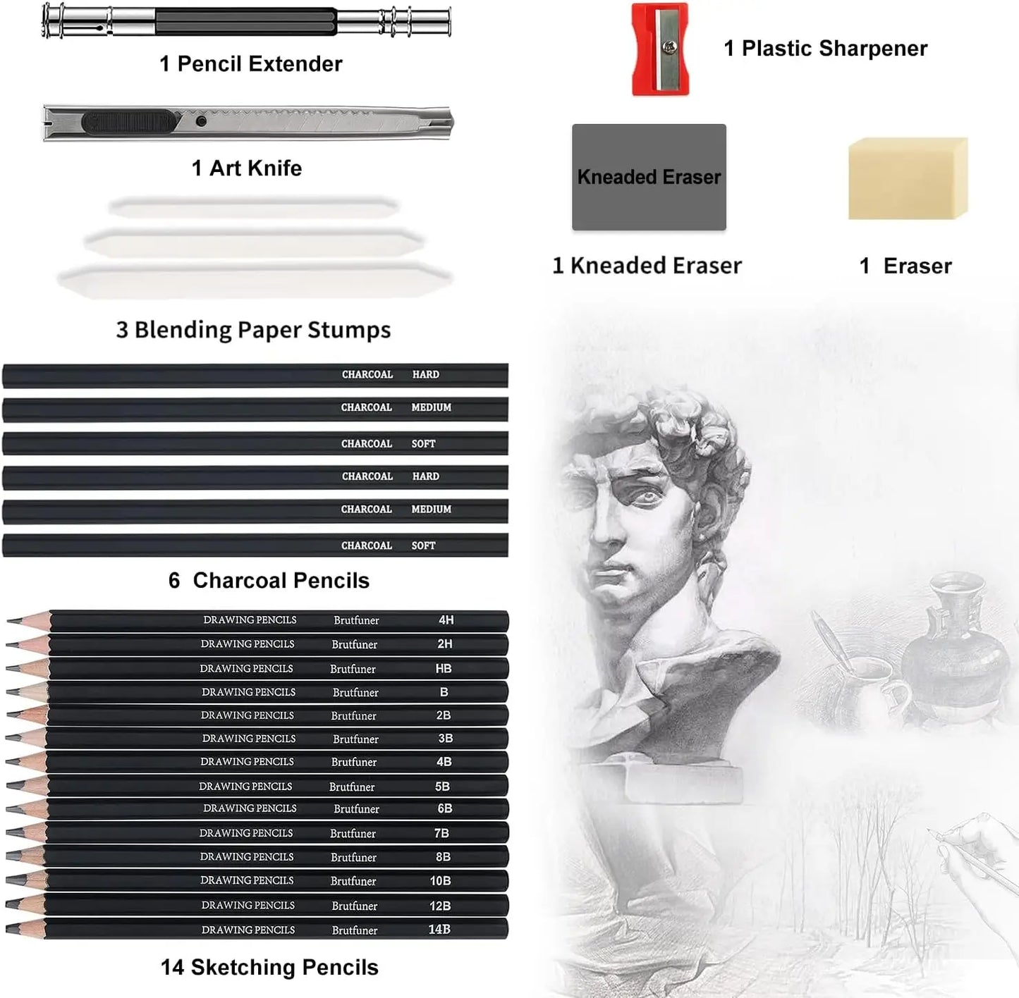 29Pcs Drawing Kit Sketching Pencils Set,Portable Pen Curtain-Charcoal Pencils, Sketch Pencils, Charcoal Stick,Sharpener,Eraser
