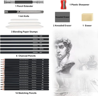 29Pcs Drawing Kit Sketching Pencils Set,Portable Pen Curtain-Charcoal Pencils, Sketch Pencils, Charcoal Stick,Sharpener,Eraser