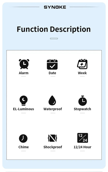 SYNOKE New For Men Sports Electronic Watch Waterproof Night Glow Large Screen Square Outdoor Running Camping Student Watch