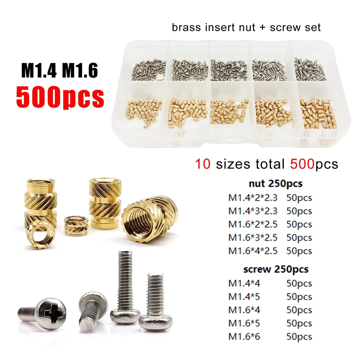 M1.4 M1.6 M2 M2.5 M3 M4 M5M6 Brass Copper Twill Knurled Thread Hot Heat Melt Injection 3D Print Embed Insert Nut Screw Kit Set