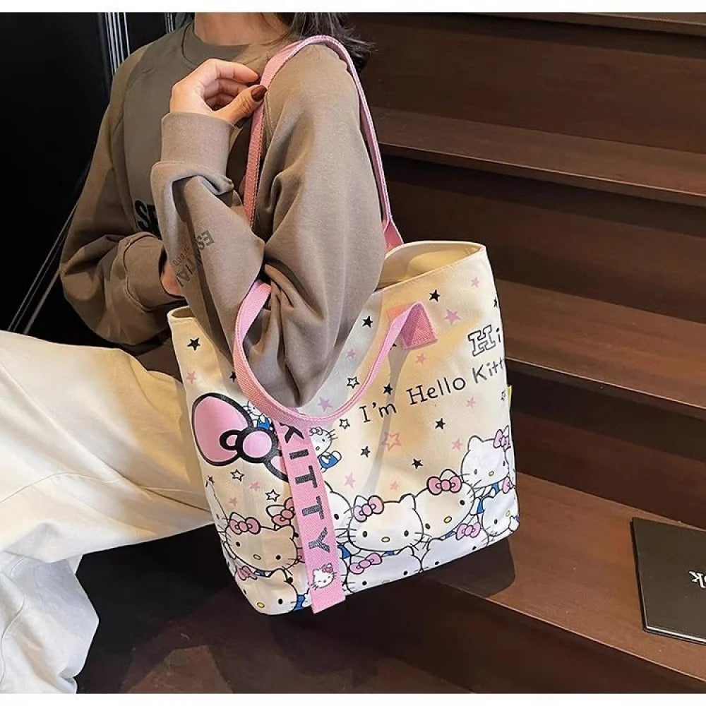 Sanrio Hello Kitty Canvas Shoulder Bag, Large Capacity Storage Bag, Casual Handbag, Multifunctional Birthday Surprise Gift