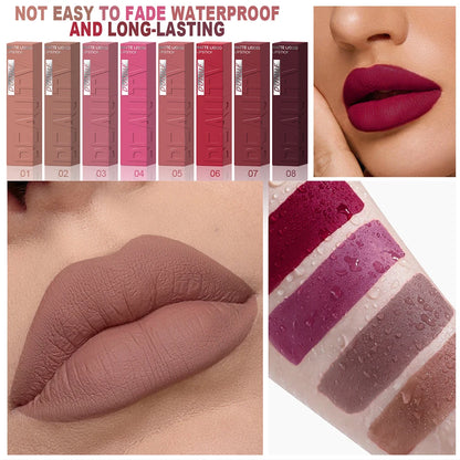 DUNUF 8-Color Matte Velvet Smooth Easy-to-Apply Square Tube Lip Gloss Waterproof Three-Dimensional Plumping Lipstick
