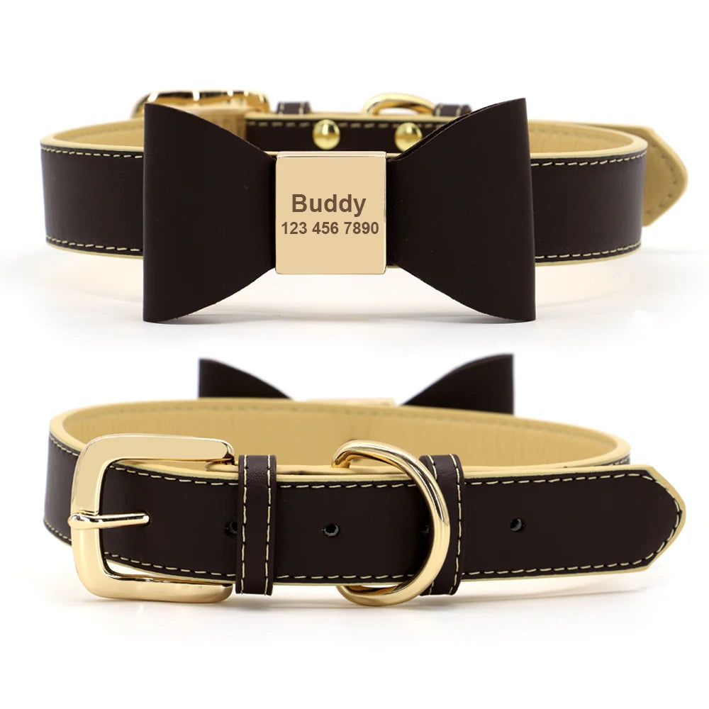 Custom PU Leather Dog Collar Soft Bowknot Pet Collars Engraved Name Puppy Cat Necklace Anti-lost for Small Medium Large Dogs Pug
