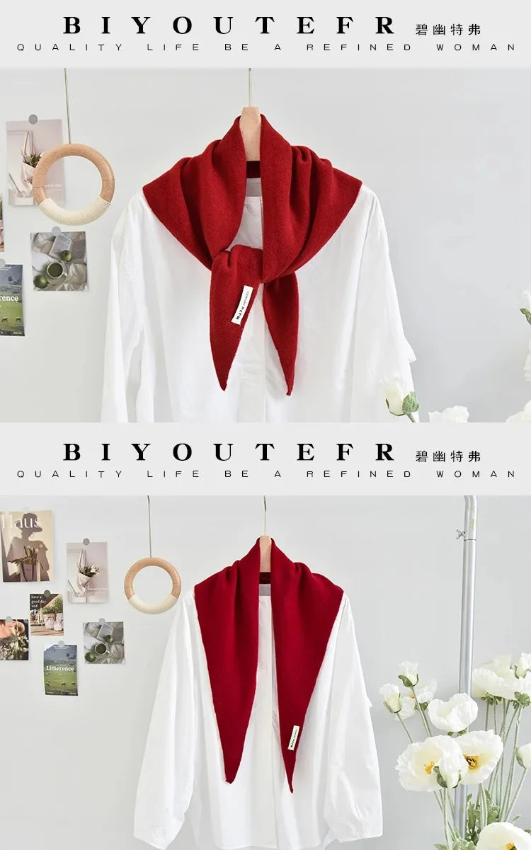 100% Australian Wool Knitted Triangle Scarf Shawl Women's Autumn  Winter Warm Neck Protection Scarf Decorative  Small Scarf