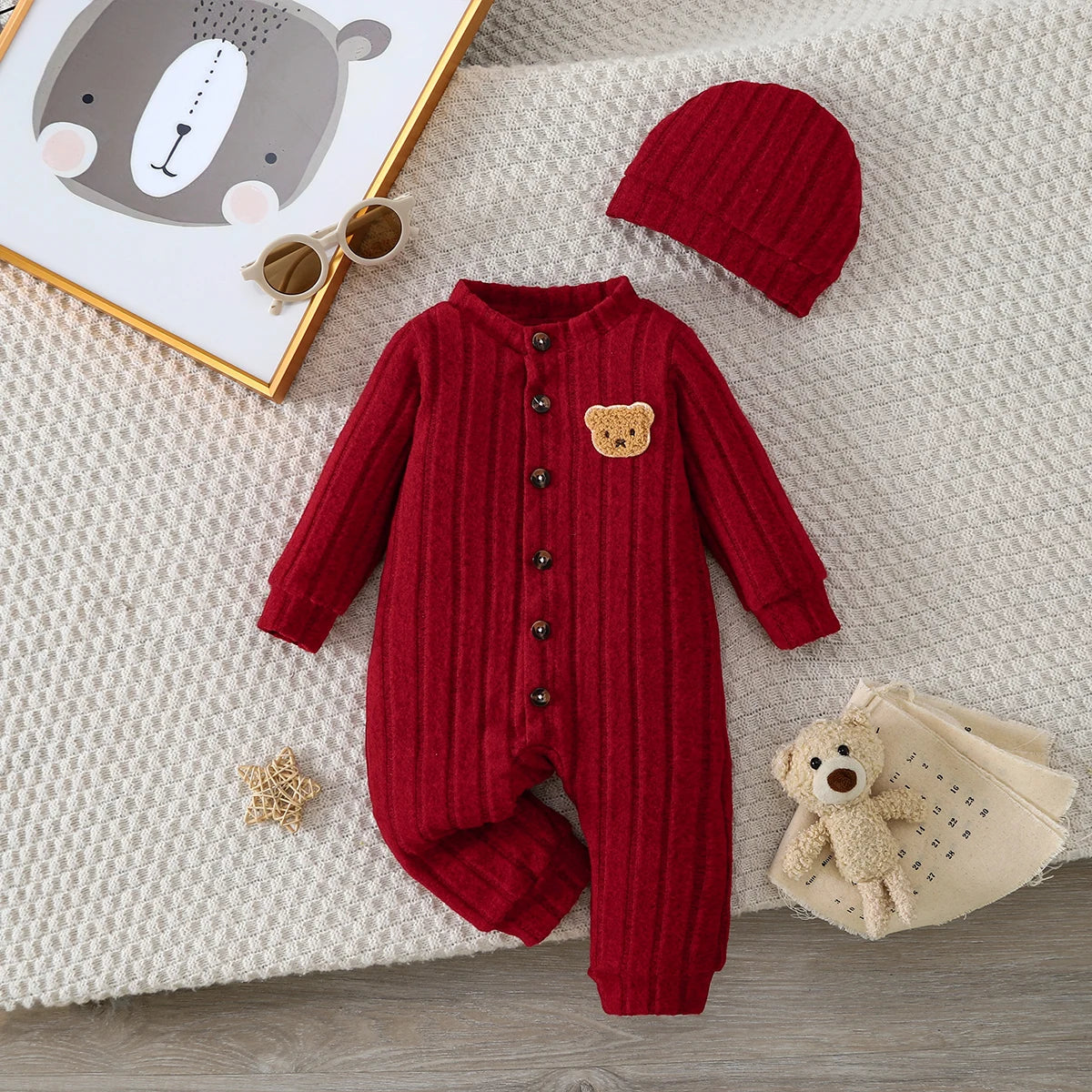 【Baby Boy】Autumn & Winter Red Onesie with Front Single-Breasted Buttons and Cute Bear Badge on Chest + Red Hat Set Featuring a W
