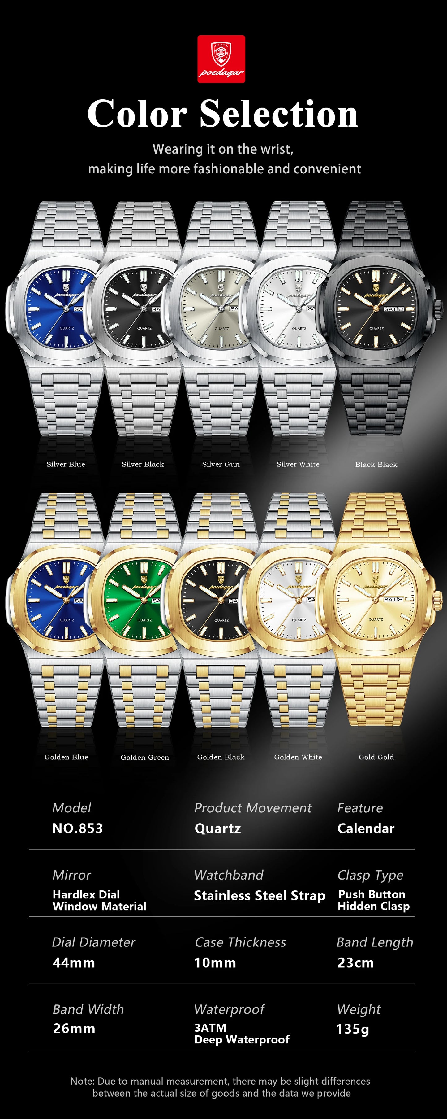 POEDAGAR Square Luxury Men's Wristwatch Luminous Waterproof Stainless Steel Male Clock Week Date Original Quartz Watches For Men