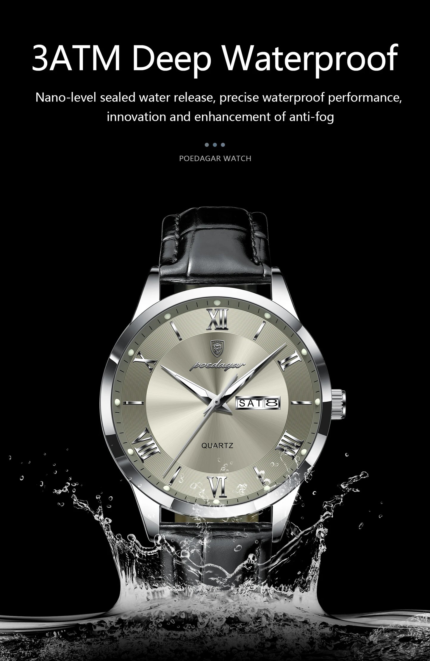 POEDAGAR Business Brand Men Clock Waterproof Luminous Date Week Fashion Man Wristwatch Leather Luxury Men's Quartz Watches Reloj