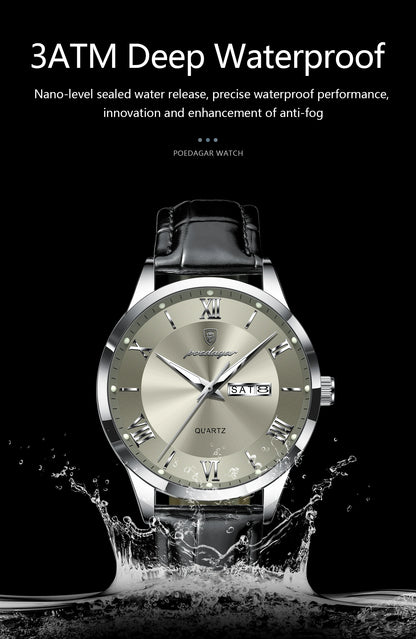 POEDAGAR Business Brand Men Clock Waterproof Luminous Date Week Fashion Man Wristwatch Leather Luxury Men's Quartz Watches Reloj