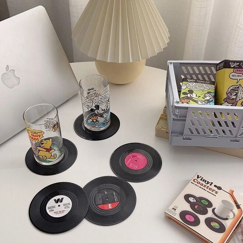 New 6/4/2PCS Retro Vinyl Record Cup Coaster Anti-slip Coffee Coasters Heat Resistant Music Drink Mug Mat Table Placemat Decor