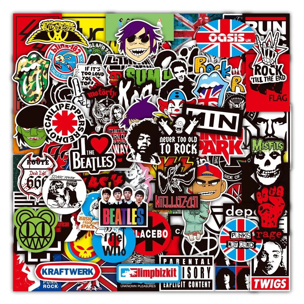 100 Rock And Roll Music Band Stickers Punk Graffiti Stickers For Laptop Guitar Helmet Luggage Decal Golden Memory Stickers Store