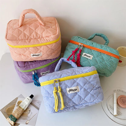 Plaid Cosmetic Bag Set Simple Style Large Capacity Portable Cosmetic Tools Storage Bag for Home Bathroom Toiletry Bag