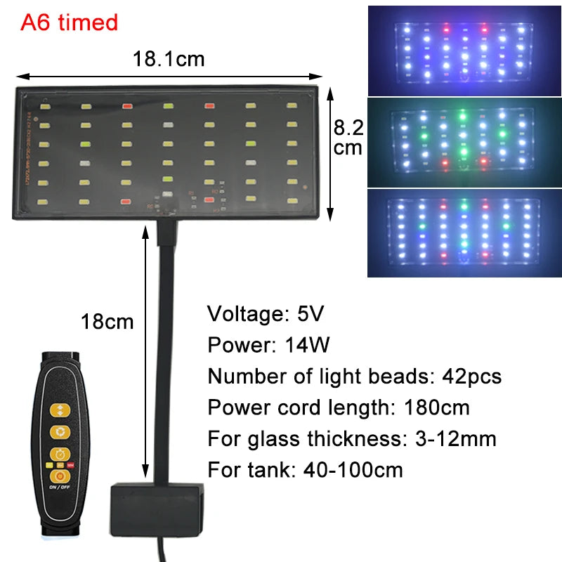 USB Aquarium LED Light Full Spectrum Aquatic Plant Grow Lamp Fish Tank Adjustable Brightness Dimmable Timed 360° Rotatable Light