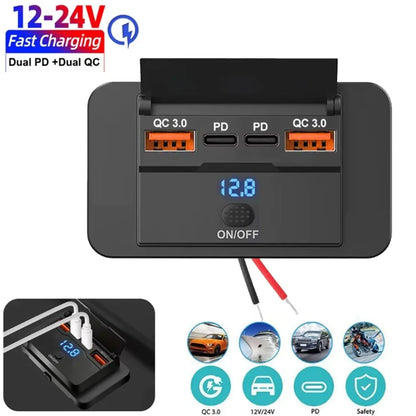 Dual PD USB C Adapters Outlet Car Charging Port Socket Wall Mount Accessories for Boat Marine Campers RV Truck Golf Cart 12/24V