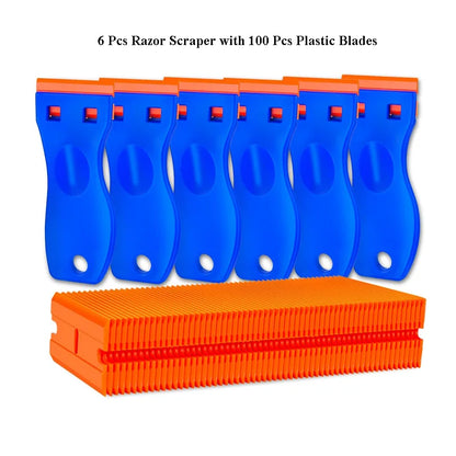 Plastic Razor Blade Scraper with 100 Pcs Plastic Blades Window Cleaning Scraper for Removal Glue Labels Sticker on Car Glass