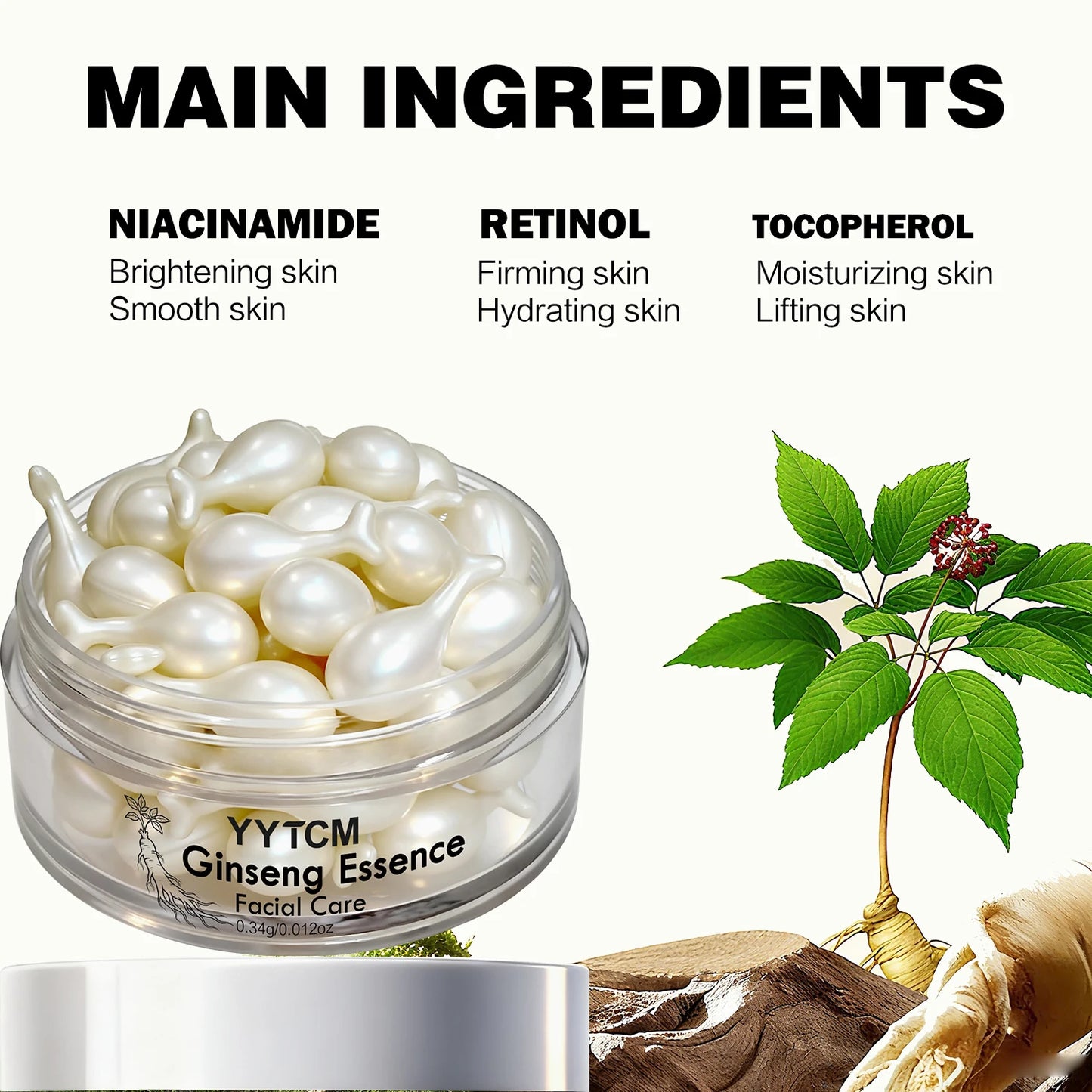 Ginseng Essence Capsules, Moisturizing and Firming Essence Serum, Contains Squalane, Niacinamide, Vitamin E, Retinol, Deep Hydration (0.34Gx30 Capsules)/Bottle-1 Bottle