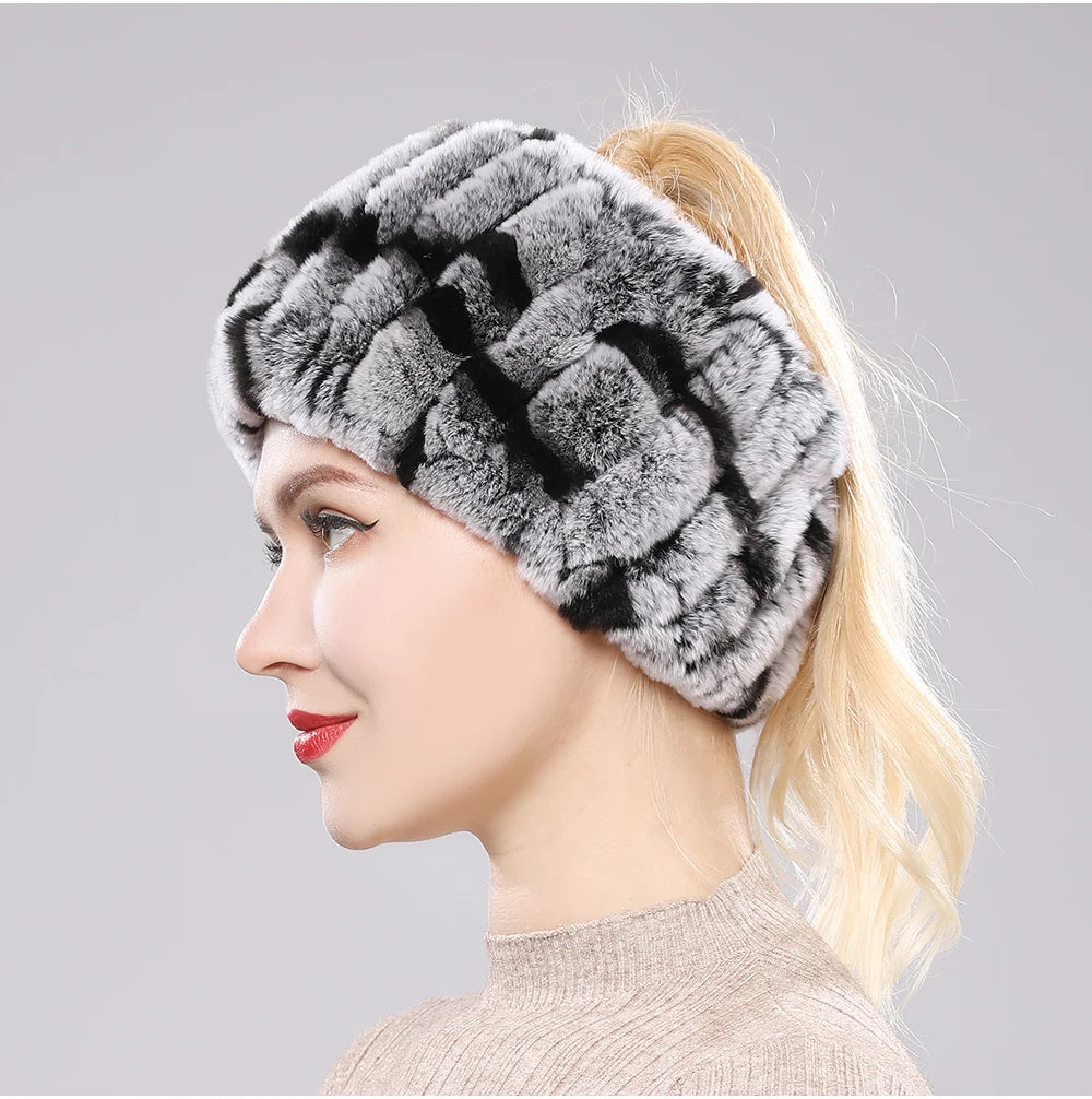 Women Handmade Stretch 100% Real Rabbit Fur Scarf Knit Genuine Rex Rabbit Fur Headbands Girls Natural Rabbit Fur Ring Scarves