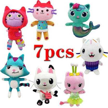 25cm 7-piece Gabby doll house plush toy cartoon stuffed animal mermaid cat mermaid plush doll children's Christmas gift