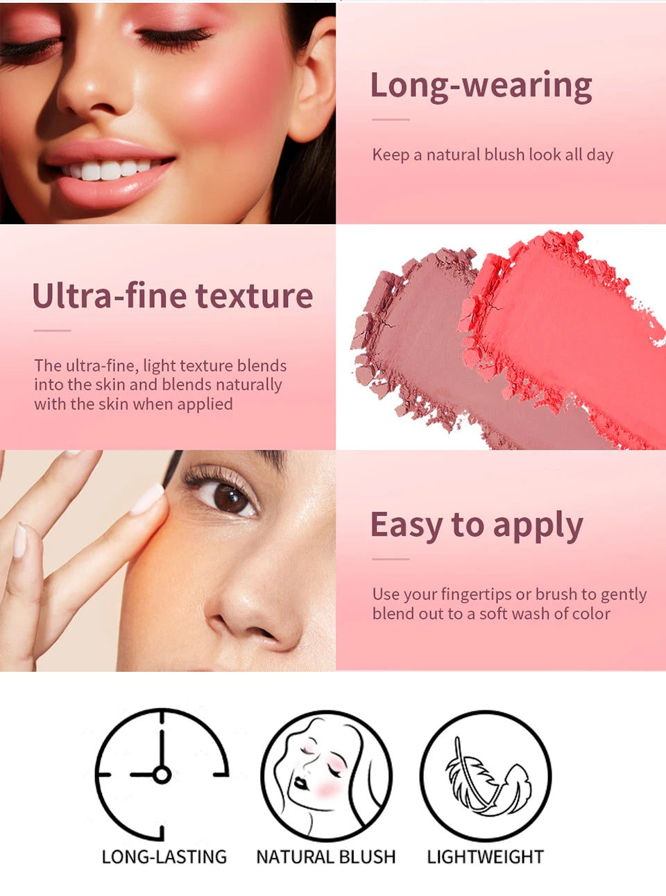 2pcs Matte Embossed Blush & Brush Long Lasting High Pigmented Multi-Purpose Blush Palette Pink Natural Color Rendering Cosmetics