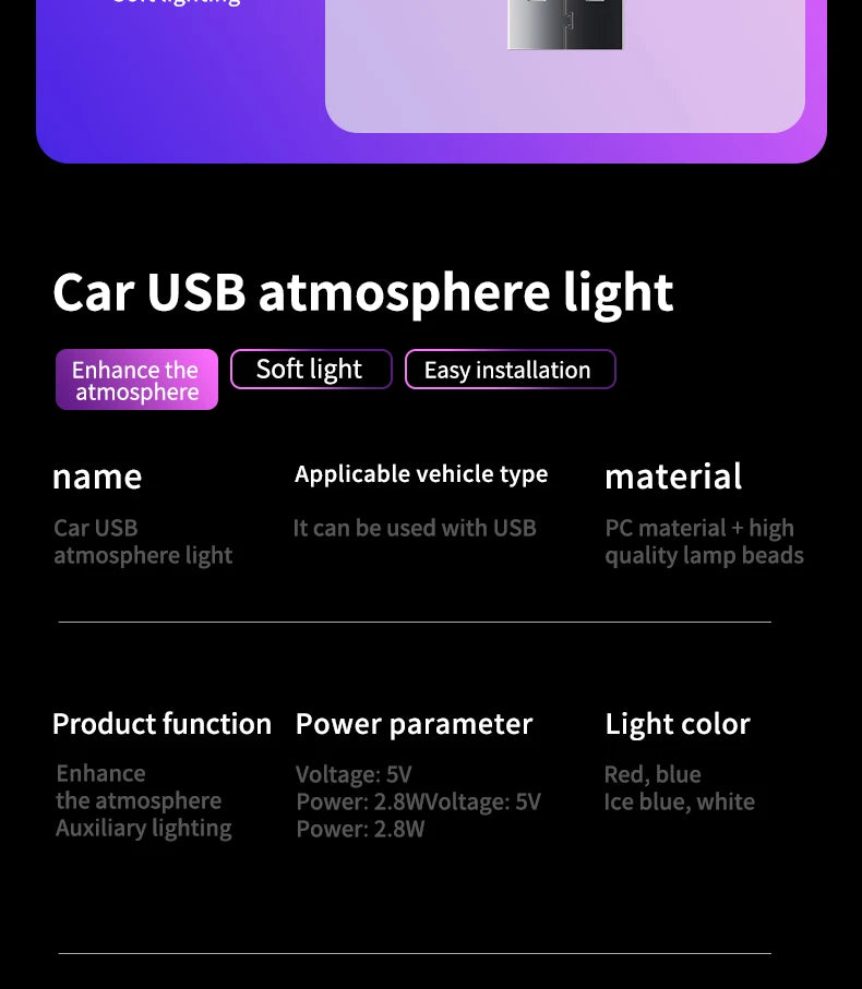 1x Car USB LED Light Mood Lamp Plug Play Universal LED Interior Atmosphere Light Auto Reading Lamp Decorations Decorative Strip