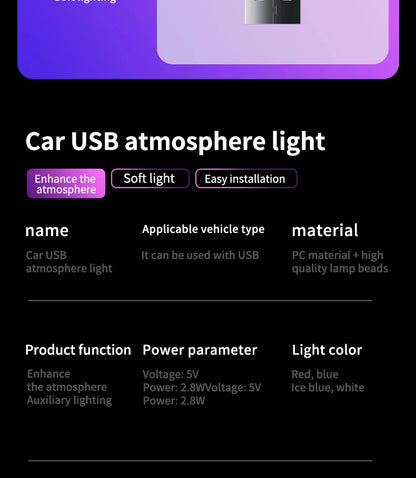 1x Car USB LED Light Mood Lamp Plug Play Universal LED Interior Atmosphere Light Auto Reading Lamp Decorations Decorative Strip