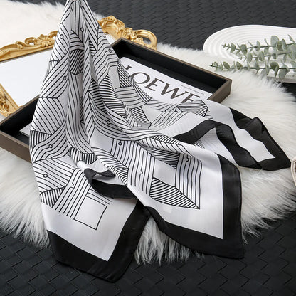 68cm Striped Geometric Pattern Silk Scarf for Women Imitation Silk Fresh and Versatile Headwear Clothing Square Scarf