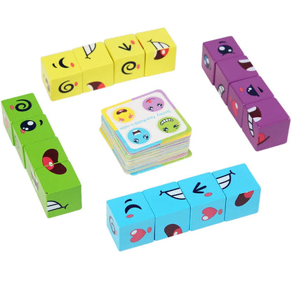 Children's Wooden Four Person Battle Face Changing Facial Expressions Magic Cube Building Blocks Wooden Interactive Games