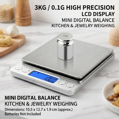 Digital Kitchen Scale 3000g/0.1g with 2 Trays Mini Jewelry Pocket Scale LCD Display for Home Food Scales