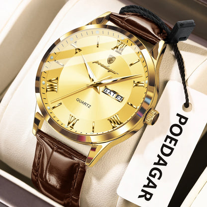 POEDAGAR Business Brand Men Clock Waterproof Luminous Date Week Fashion Man Wristwatch Leather Luxury Men's Quartz Watches Reloj
