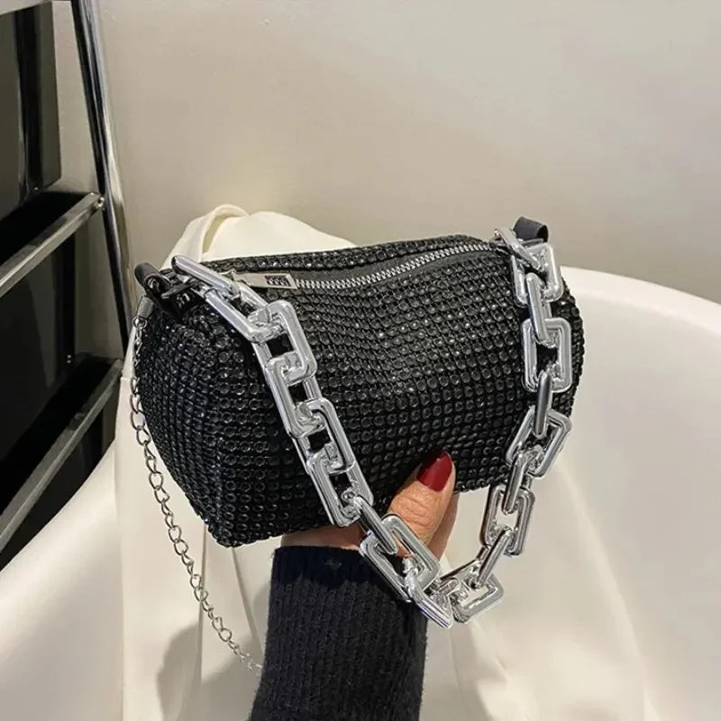 Allover Rhinestone Bucket Bag, Glitter Chain Prom Purse, Women's Mini Crossbody Bag