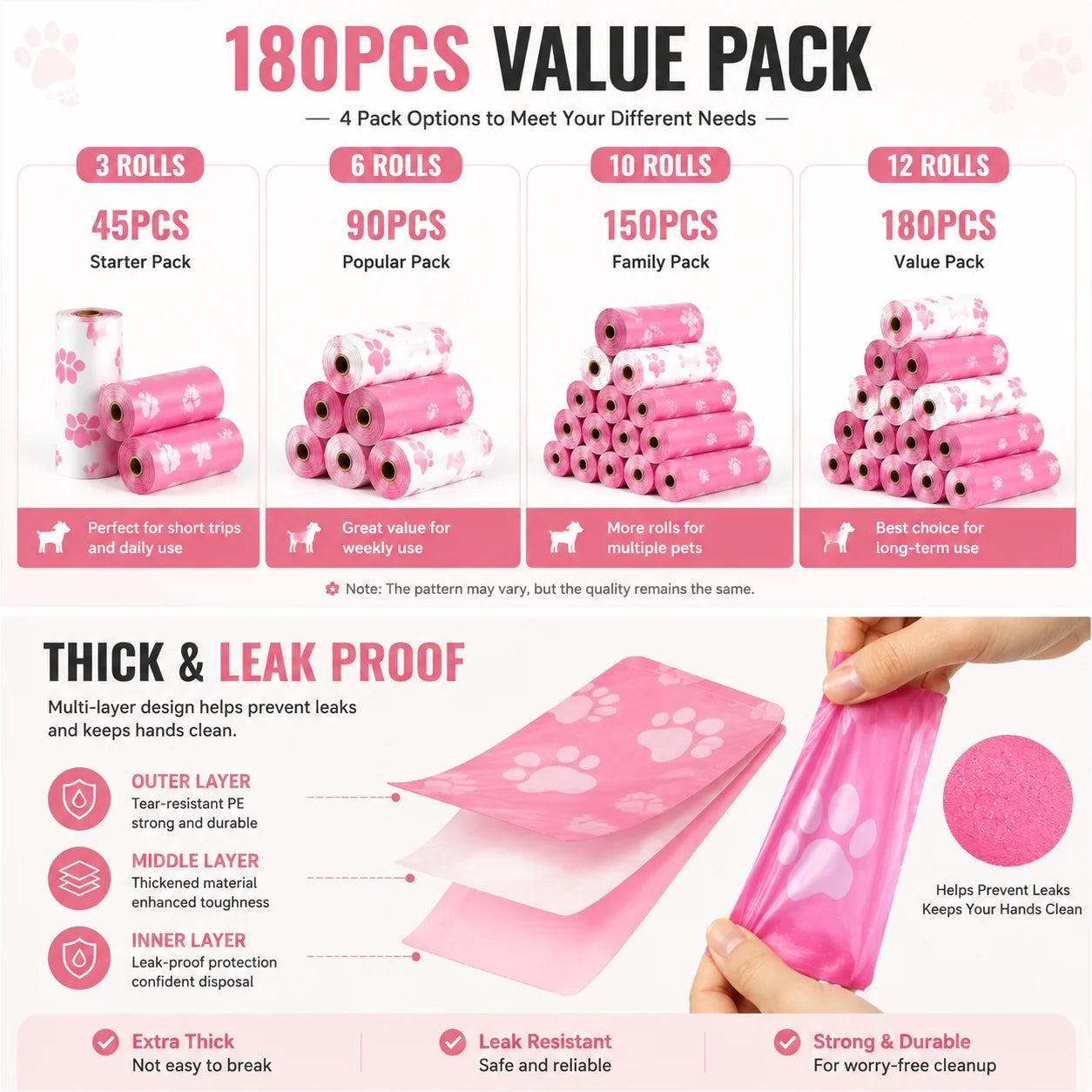 180PCS Dog Waste Bags Thick Leakproof Pet Poop Bags with Easy Carry Rolls for Dogs Cats Walking Outdoor Cleaning