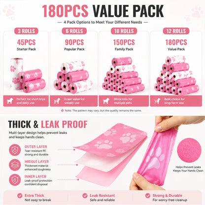 180PCS Dog Waste Bags Thick Leakproof Pet Poop Bags with Easy Carry Rolls for Dogs Cats Walking Outdoor Cleaning