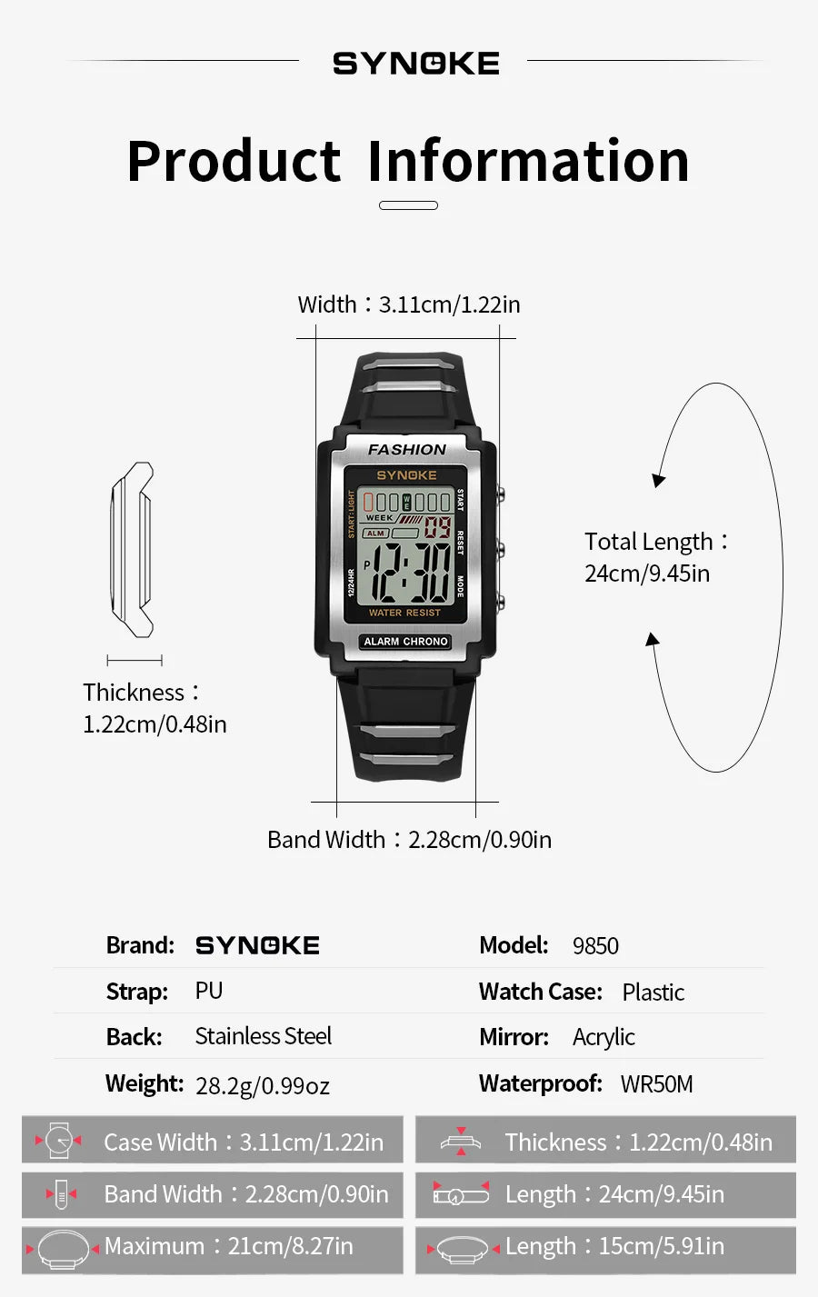 SYNOKE Men Rectangular Sports Electronic Watch Waterproof 50M Night Light Large Screen Alarm Clock Trend Retro Style