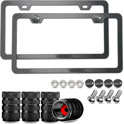 Black Carbon Fiber Pattern Plastic License Plate Frame Fiber Black Aluminum Metal Car Tag Holder Tire Screw Cap Universal Amagi