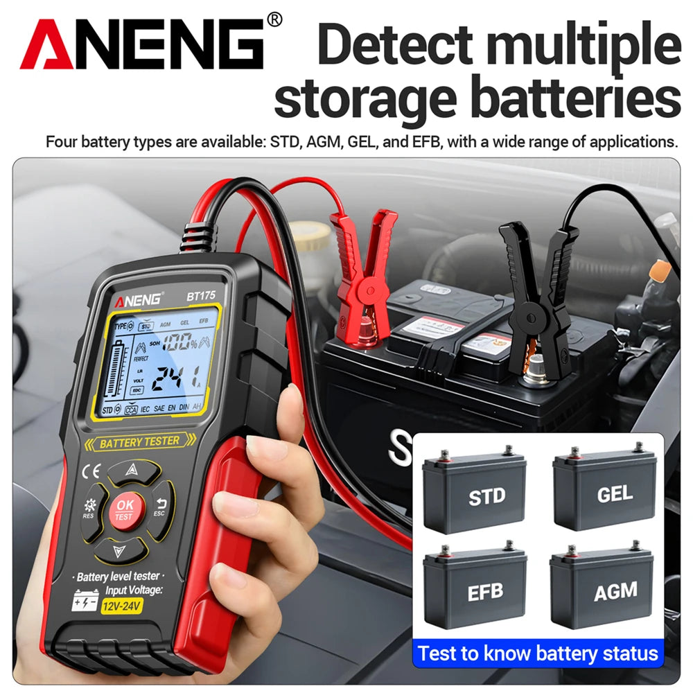 12V 24V Car Battery Tester Digital Automotive Load Tester 50-1999 CCA Battery Analyzer ANENG BT175 With Insulated Alligator Clip