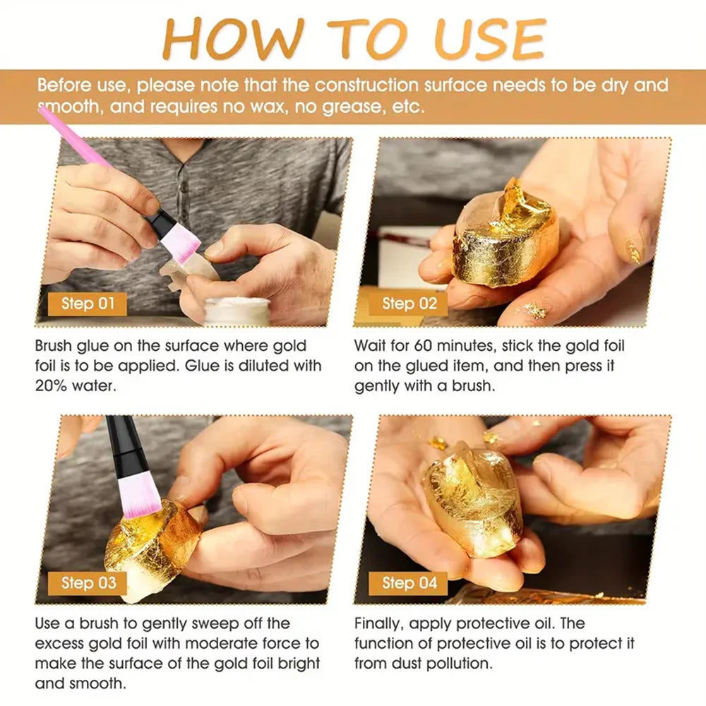 100ML/200ML Golden Foil Adhesive Kit - Water-Based Metallic Glue with Brush for Crafts, Painting & Art Projects