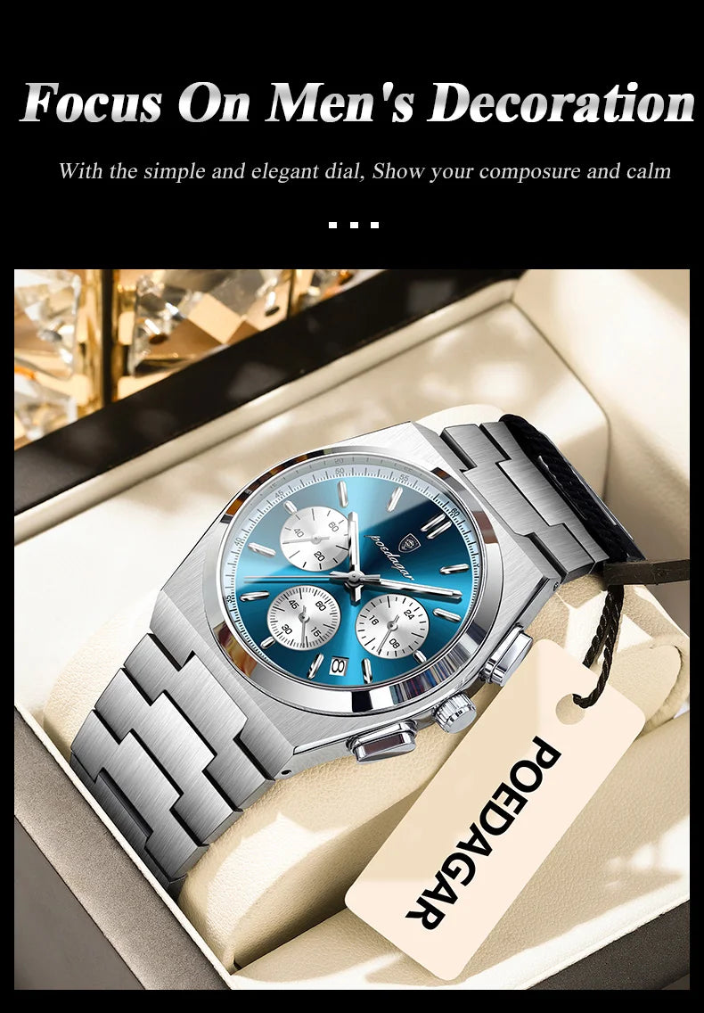 POEDAGAR Fashion Man Watches Chronograph Date Stainless Steel Casual Men Wristwatch Waterproof Luminous Men's Quartz Watch Reloj