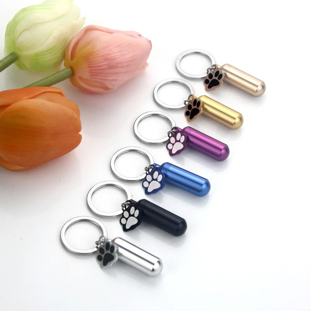 Pet Urns Keychain Paw Print Cylinder Urn Pendant Keychain for Dog Ashes Puppy Kitten Ashes Keepsake Cremation  Memorial Pendant