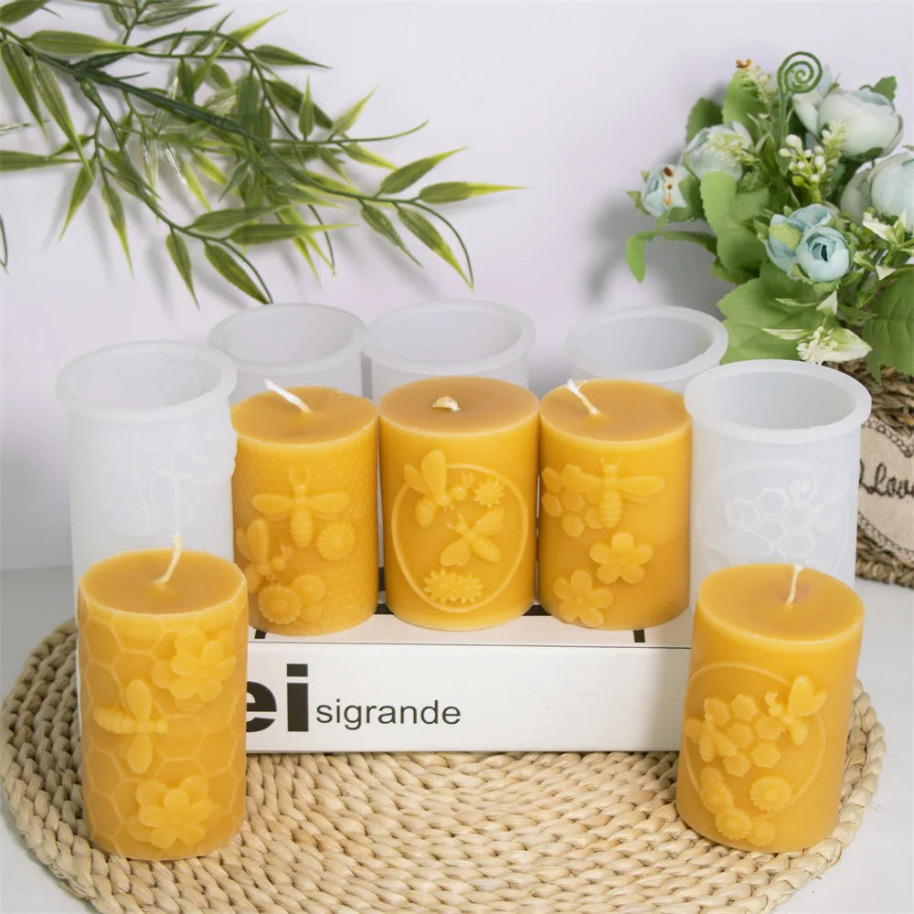 3D Honeycomb Pillar Candle Silicone Mold DIY Embossed Bee and Flower Honeycomb Cylinder Aromatherapy Candle Plaster Mold Decor
