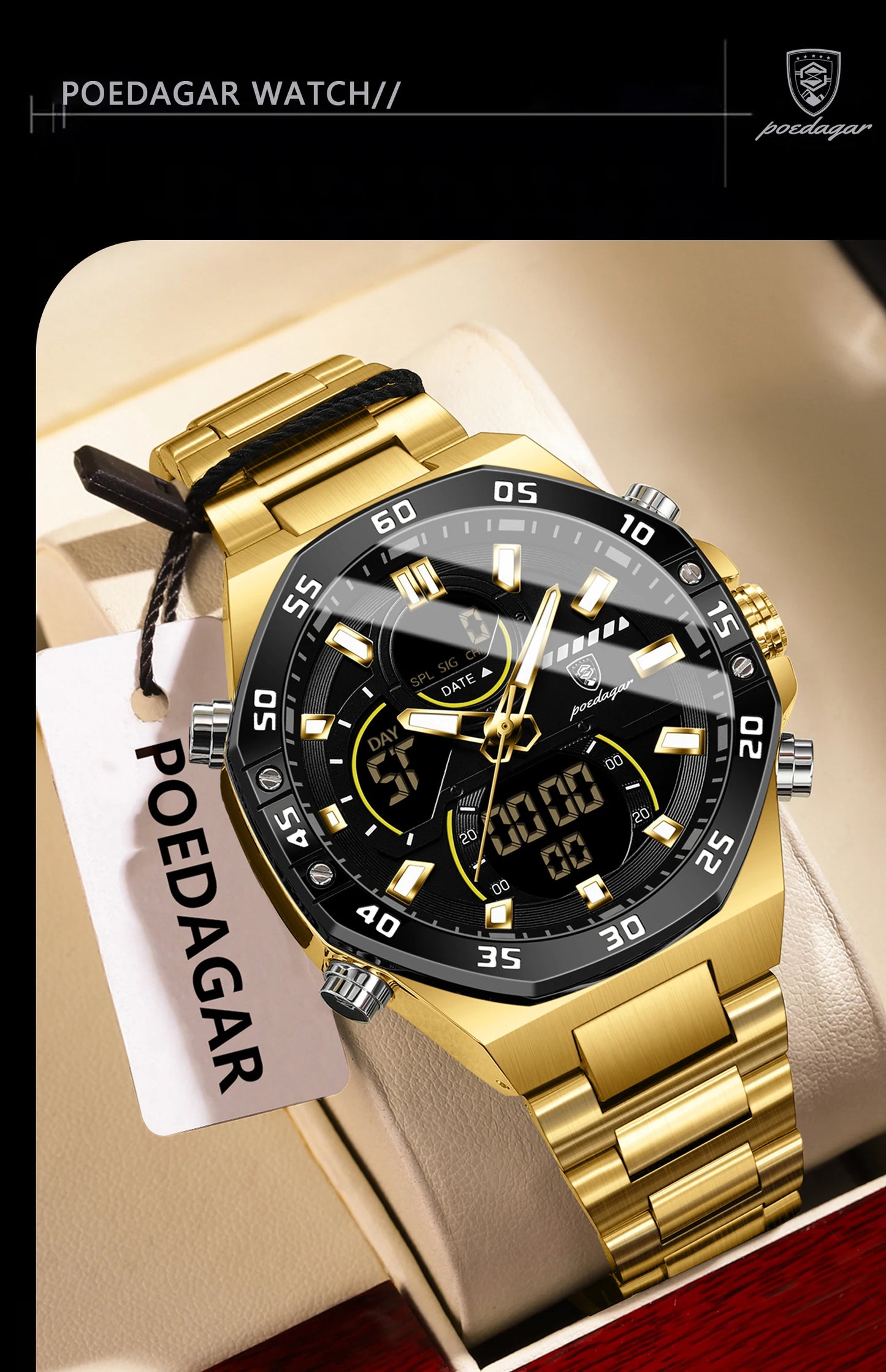 POEDAGAR Top Men Clock LED Luminous Waterproof Week Date Military Man Wristwatch Electronic Stainless Steel Quartz Men's Watches