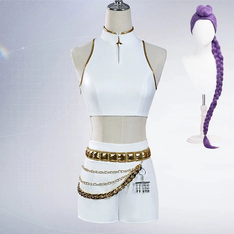 KPop Rumi Mira Zoey White Singing Suit Women Girls Halloween Party Role Playing Outfit Cosplay Costume Wig for Adult Children