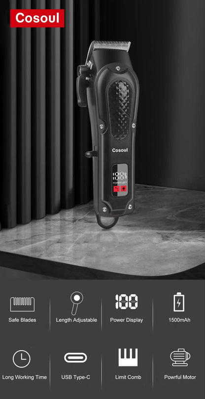 Cosoul Hair Clipper Compact Size Hair Trimmer Electric Beard Trimmer LED Display Hair Length Adjustable Big Capacity Battery