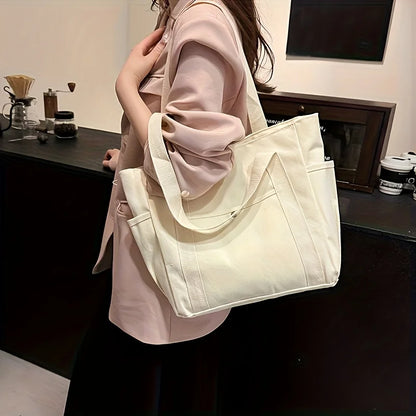 Stylish Large Capacity Canvas Tote Bag - Zipper Closure Durable Shoulder Straps Perfect for Commuting, College and Book Carrying