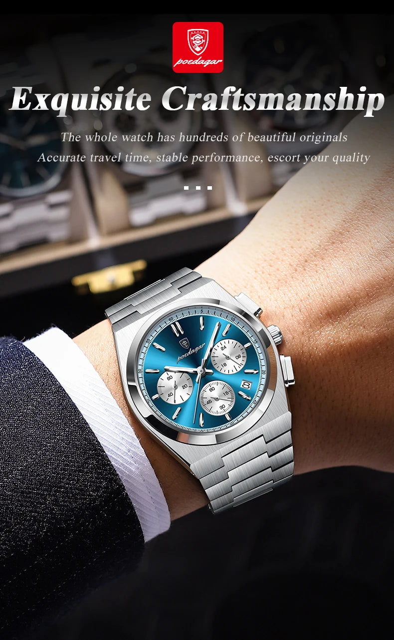 POEDAGAR Fashion Man Watches Chronograph Date Stainless Steel Casual Men Wristwatch Waterproof Luminous Men's Quartz Watch Reloj