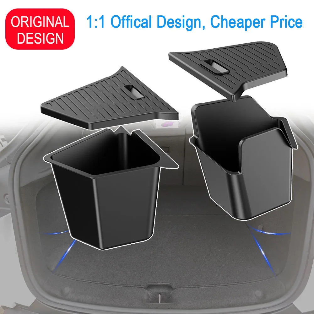 For Tesla Model Y Juniper 2025 Rear Trunk Side Storage Box Cargo Organizer TPE Bin Box Flocking Mat Partition Board Accessories