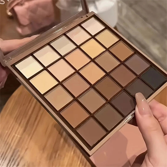 25-color eyeshadow palette - neutral gray and brown earth tones, coffee and chocolate shades, creating versatile, natural to dramatic makeup looks