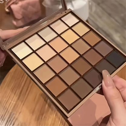 25-color eyeshadow palette - neutral gray and brown earth tones, coffee and chocolate shades, creating versatile, natural to dramatic makeup looks